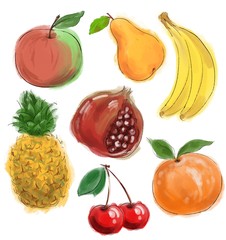 Illustration decorative background with drawings of bright colored juicy tasty exotic fruits on white