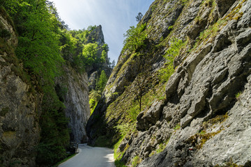 Curvy road between steep rocks of Maninska tiesnava gorge in Strazovske vrchy mountains, Slovakia. Sunny spring day.