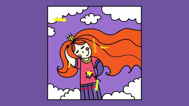 dreamy princess on a squared frame holding a golden star wand and a crown with parts of her red hair falling into black outlines wearing cute childish dress