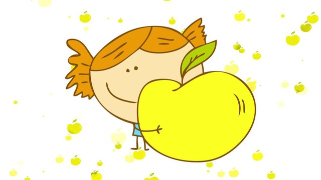 young happy girl hugging a yellow apple appearing on a frame full of green apples floating around while holding a big one like her favourite toy