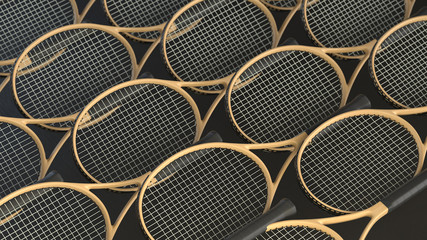 The grid of wooden tennis rackets on black background. 3d render with depth of field. 
