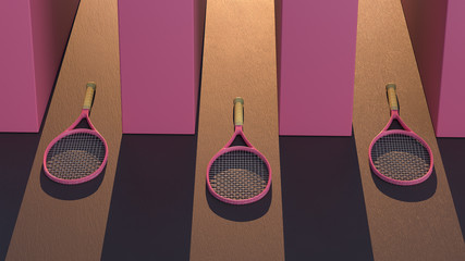 The pink tennis rackets on black floor between walls. Sun light and long shadows from pink walls. 3d render. 