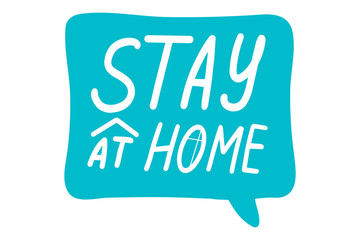 Stay home, Coronavirus, quarantine, covid-19 concept. Lettering calligraphy illustration. Handwritten brush trendy blue sticker with text isolated on white background. Label, badge, poster.