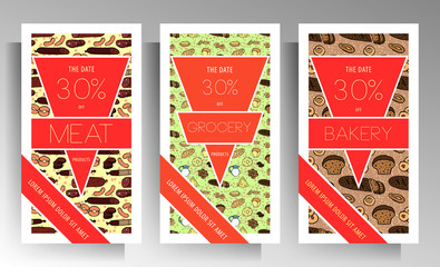 Grocery store banner template set. The color pattern is drawn by hand. Vector 10 EPS.