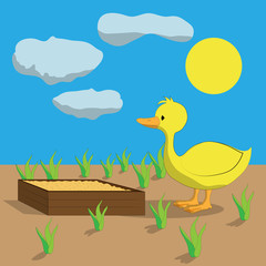 Naklejka premium Cartoon duckling on the farm stands near the feeder. Color illustration for children.