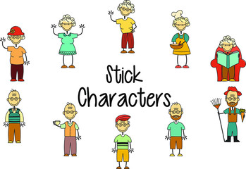 Set of Elderly Stick Characters