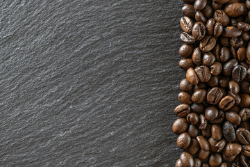 Drink caffeine breakfast. Coffee beans for cup of black espresso food dark background in cafe. Assorted ground and instant brown roasted coffee seeds on stone. Copy space, top view