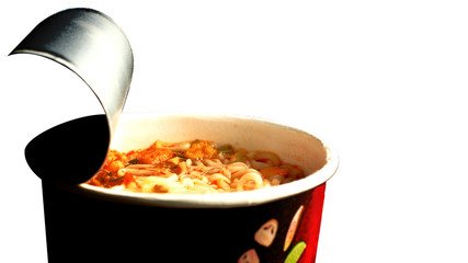 Cup of instant noodles, isolated on white background.