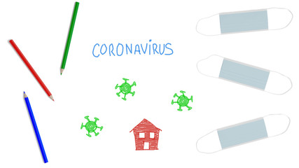 Coronavirus and house draw, back to school with masks. Coronavirus and new normality concept