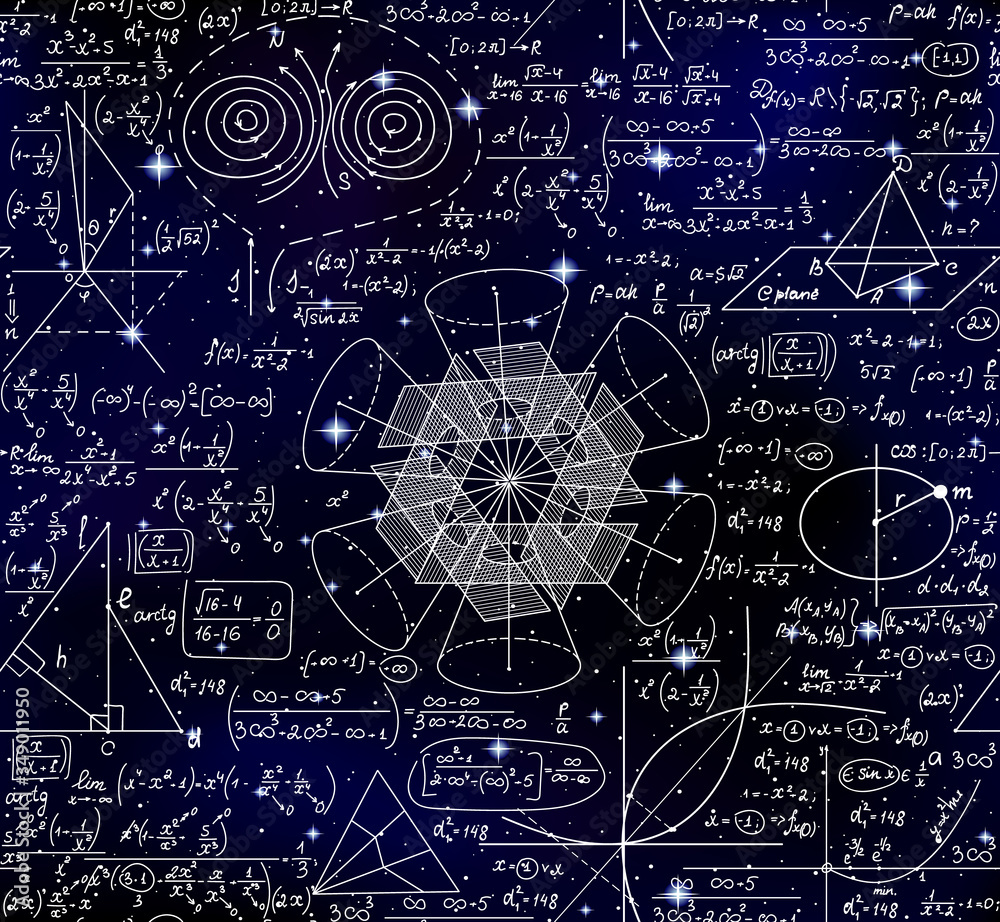 Poster scientific space vector seamless background with handwritten math formulas, calculations and figures
