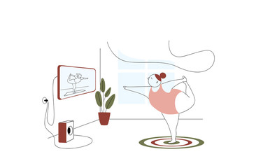 Vector illustration of a fat cute woman doing fitness at home in online classes. Girl watching fitness classes online on TV.