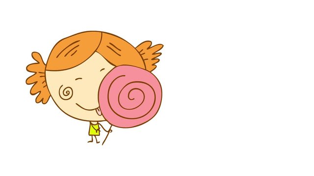 delighted young girl with dimples on her cheeks and childish hairstyle eating a pink rounded popsicle bigger than her tiny body bought on favorite candy shop