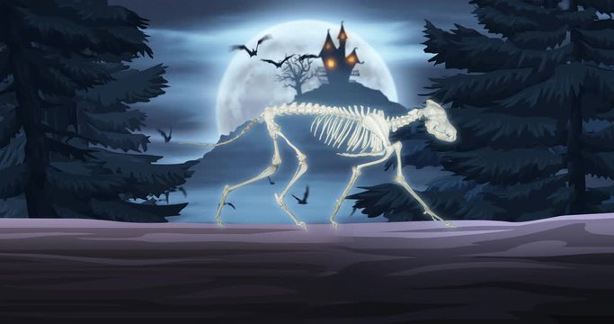 Halloween-themed animation with a wolf or dog skeleton running along a log and jumping over a pumpkin, with a spooky house, moon, trees, and flying bats in the background. Bottom space for text.