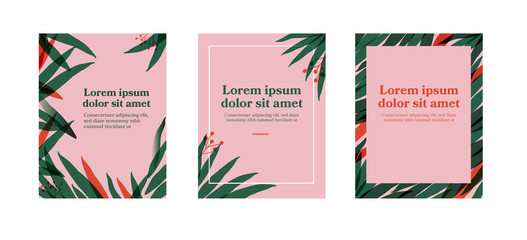 Tropical Pink Card Templates. Invitation, card, social post design layout with modern plant and floral vector decoration.