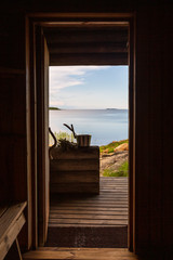 View from sauna door to the gulf of Bothnia, Finland