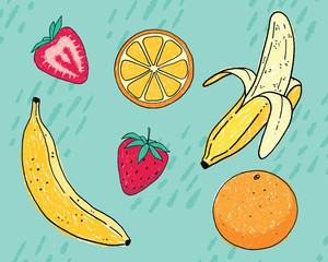 Fun scribbled set of vector mixed fruit - hand drawn bananas strawberries and oranges, sliced & peeled. Bright and fun, good for textile, children's clothing, invitation or card design.