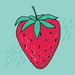 Fun scribbled red strawberry vector berry fruit illustration on turquoise blue background