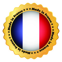 Made in France badge with flag and stars inside gold shiny emblem. Black color text. Stock vector illustration on white isolated background.