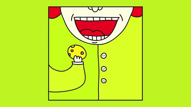 chest of a man about to eat a cookie with chocolate drops opening his mouth big with red hair and wearing a buttoned jacket inside a squared frame