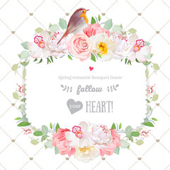 Square vector design frame with flowers and robin bird