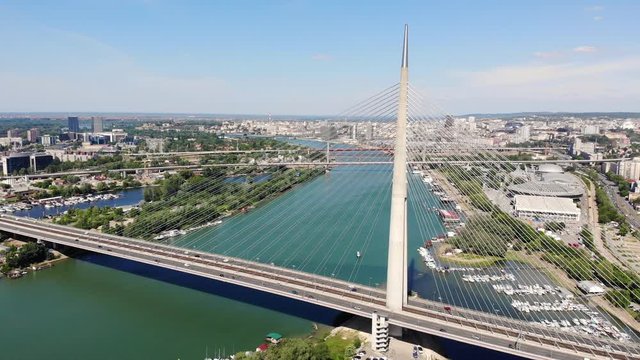 Aerial view of Ada bridge and Sava river in Belgrade, Serbia