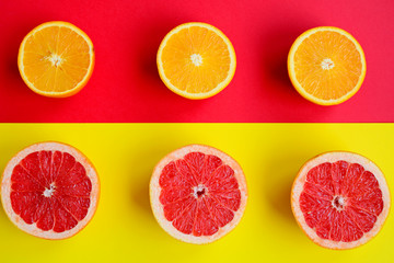 Circles of orange on a red background and circles of grapefruit on a yellow background