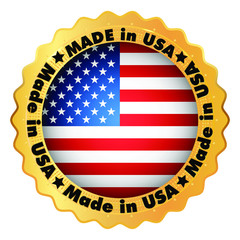 Made in USA badge with flag Unite States and stars inside gold shiny emblem. Black color text. Stock vector illustration on white isolated background.