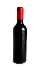 a black bottle of wine or other beverage with a red lid on a white background