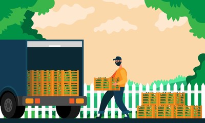 Farmer loads plant boxes in a truck. Color illustration.