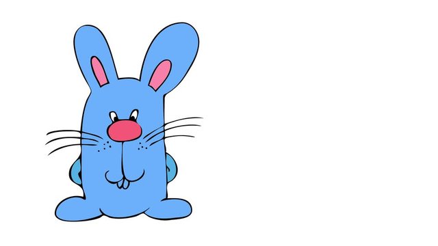 outline of a rabbit with tiny arms hiding behind the back coming from right to left of screen followed by dark blue color and a funny face with whiskers