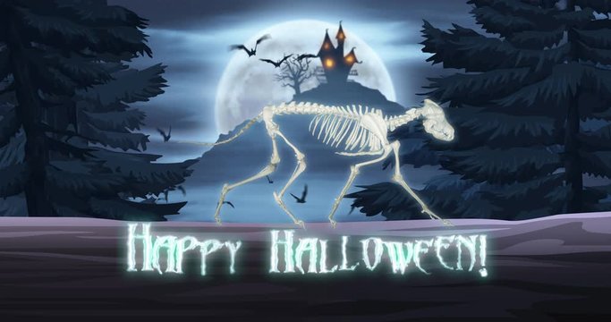 A halloween-themed animation with a wolf or dog skeleton running along a log and jumping over a pumpkin, and "Happy Holloween" written at the bottom. The bottom space leaves room for more text.