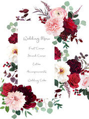 Classic luxurious red roses, marsala carnation, white peony, berry, ranunculus