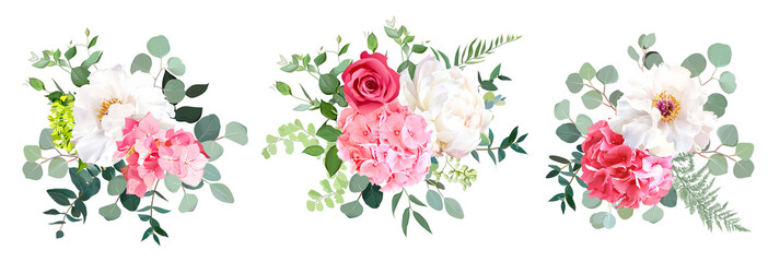 Pink hydrangea, rose, white peony, sage greenery, flowers, eucalyptus vector collection