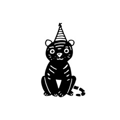 Black doodle tiger in birthday cap. Cartoon kids characters in a triangular shape