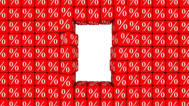 Zero percent. A golden zero percent symbol breaks a wall of red cubes with percent symbols. Footage video