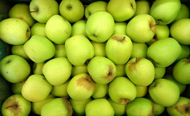 set of green apples close-up, background