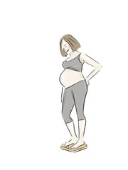 Pregnant woman looking on the scales. Sketch illustration.