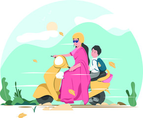 Indian women riding on a yellow scooter with her Son. Mother dropping her son to school. Vector illustration of a Mother picking her son from school.
