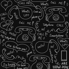 Vector seamless pattern with hand drawn old phones and greeting phrases. Decorative endless texture