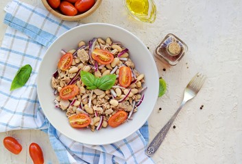 Traditional Italian salad with boiled beans, tomatoes, canned tuna and purple onions in a gray plate on a light concrete background. Dressed with olive oil. Italian food.