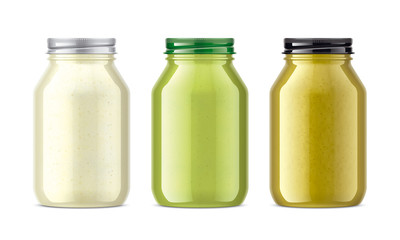 Set of Glass Jar with Sauces, Mustard, Wasabi, Horseradish. 