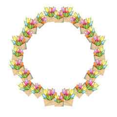 frame for invitations, postcards, with tulips in a Kraft envelope, flowers in pink,blue,purple,yellow