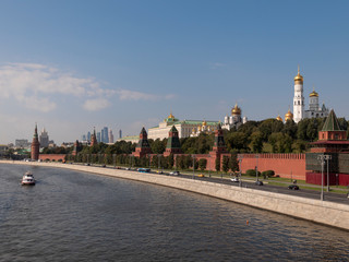 Sunny summer day moscow river bay kremlin