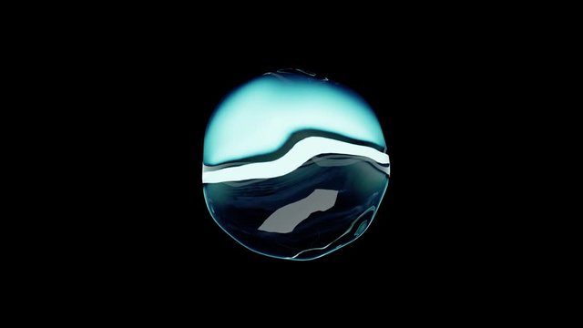 A crystal clear drop of water with a blue tint moves on an isolated black background. Seamless loop 3d render