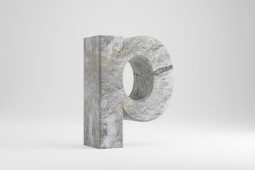 Stone 3d letter P lowercase. Rock textured letter isolated on white background. 3d rendered stone font character.