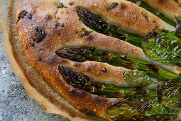 Flower focaccia Creative idea of focaccia cooking. Crispy focaccia with vegetables. Healthy food concept.