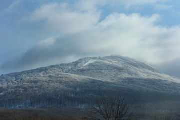 Winter landscape in the mountains trees with clouds