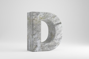 Stone 3d letter D uppercase. Rock textured letter isolated on white background. 3d rendered stone font character.