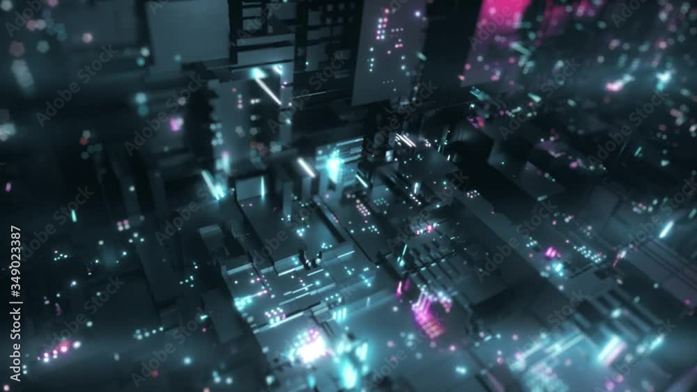 Fototapete Abstract big data transfer. Binary processing is handled by the computer motherboard. Futuristic processing of server code. Blue technology background with bokeh. Seamless loop 3d render