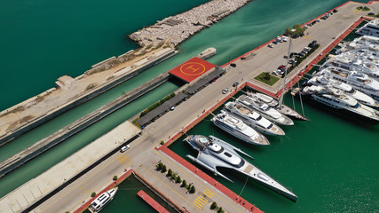 Fototapeta na wymiar Aerial drone top view photo of luxury boats docked in Athens Marina near Faliro, Piraeus, Attica, Greece